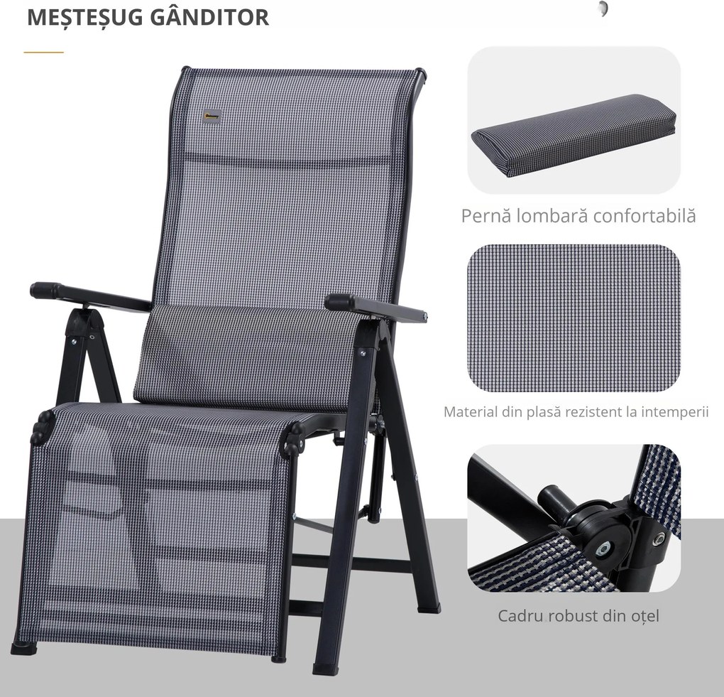 Outsunny Scaun Rabatabil de Gradina Zero Gravity Set 2 Piese cu Spatar Reglabil in 9 Pozitii si Perne, 65x70x111cm, Gri