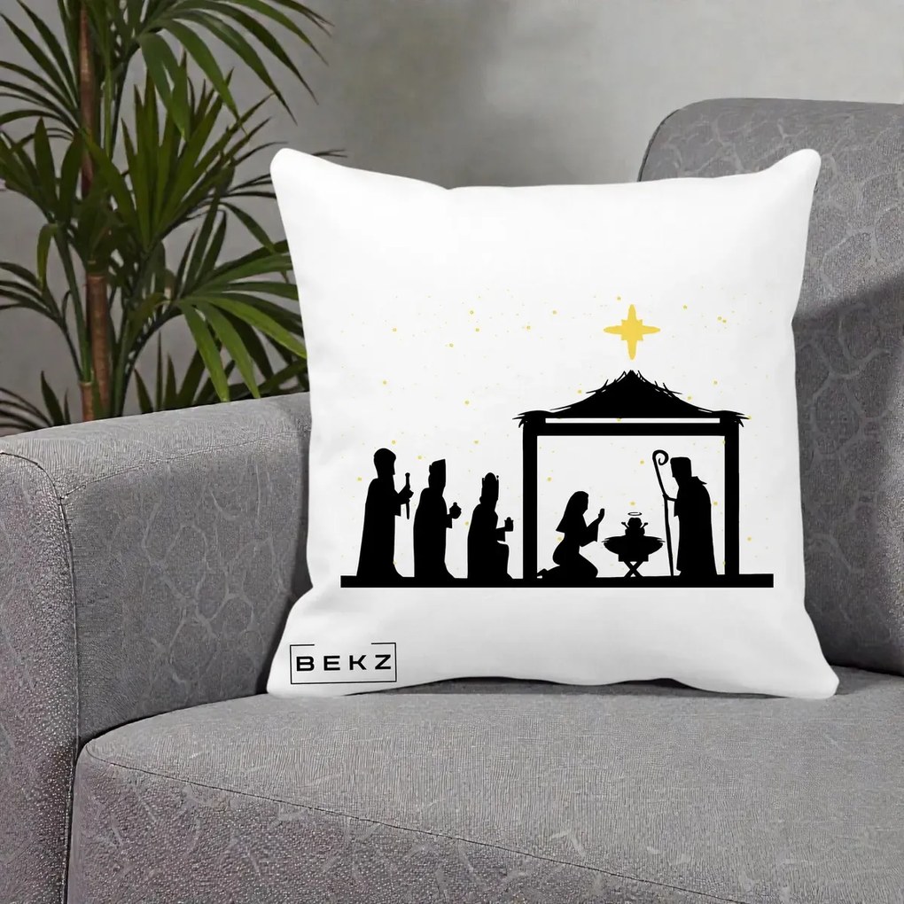 Perna Decorativa Nasterea Pruncului Silueta Neagra si Stea Aurie, 40x40 cm, Alba Mata, Husa Detasabila, Perna Inclusa, BEKZ®