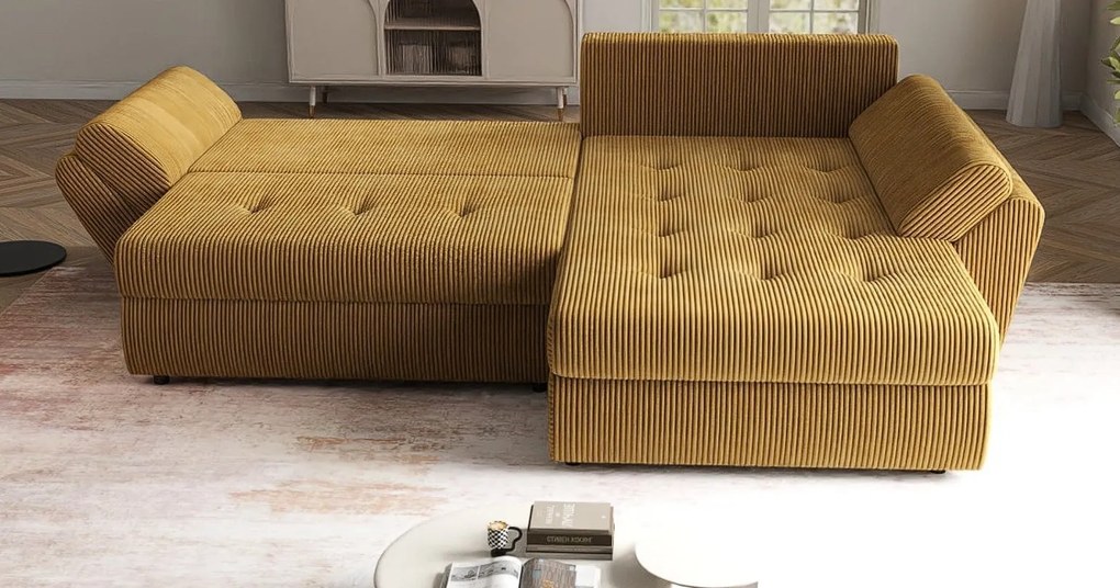 Colțar extensibil dumonde cu ladă de depozitare si sezut confortabil din spuma high-density, Loana Zoom Mustar II 270x185 cm