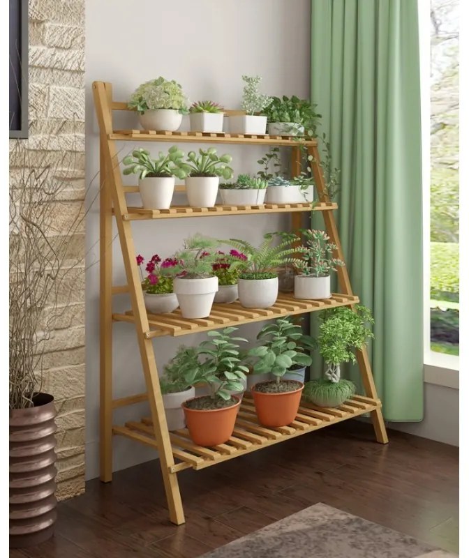 Suport pentru flori din bambus cu scară - 4 rafturi practice