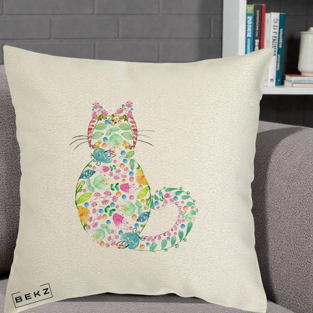 Perna Decorativa Pisica Florala Acuarela, 40x40 cm, Ecru, Husa Detasabila, Perna Inclusa, BEKZ®