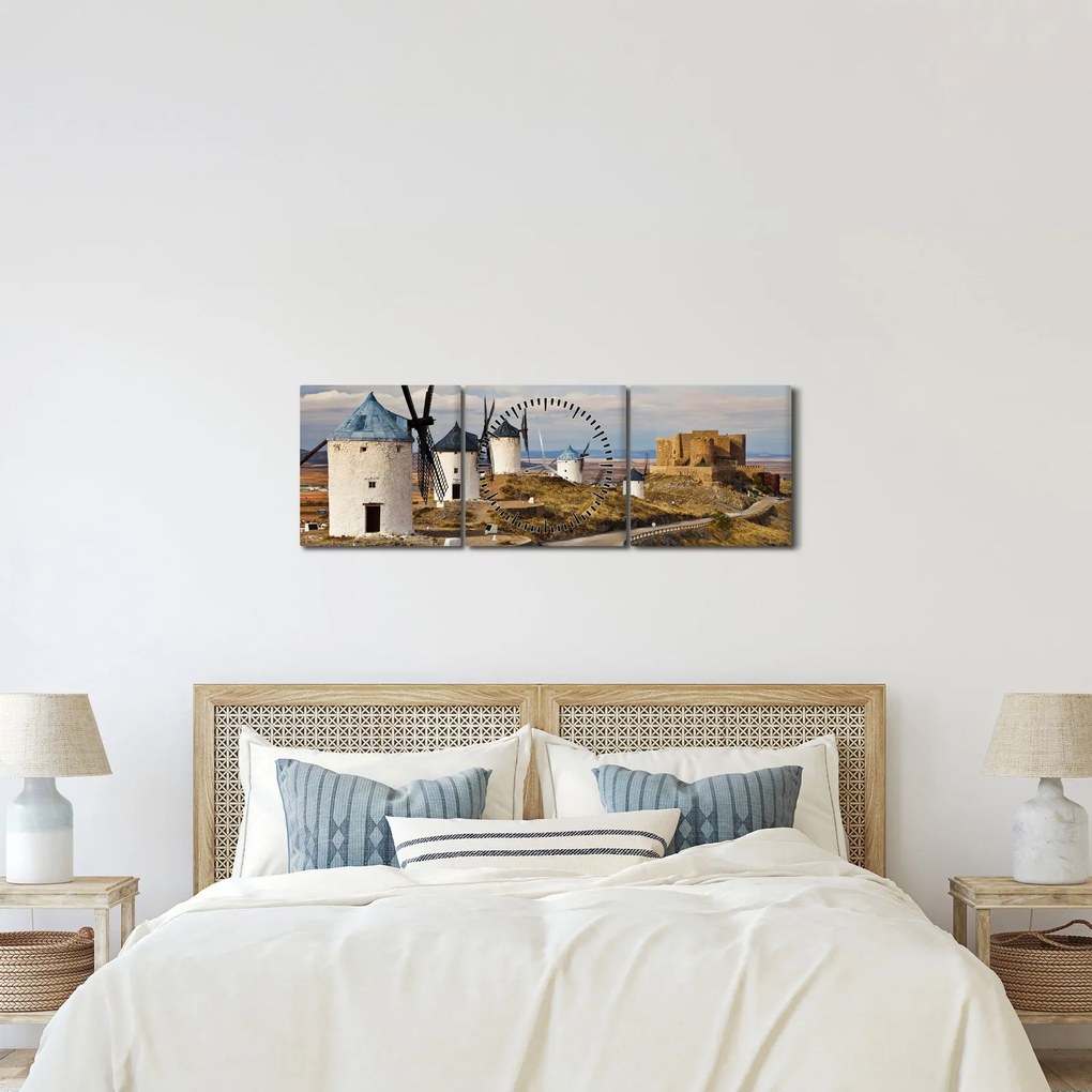Tablou - Morile de vânt din Consuegra, Spania (cu ceas) (90x30 cm)