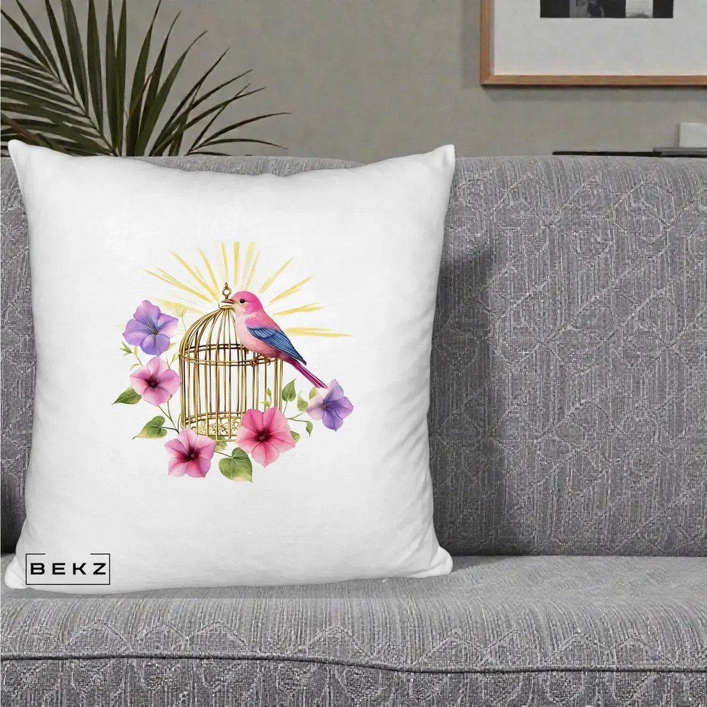 Perna Decorativa Pasare Roz pe Colivie Aurie cu Flori, 40x40 cm, Alb Pufos, Husa Detasabila, Perna Inclusa, BEKZ®
