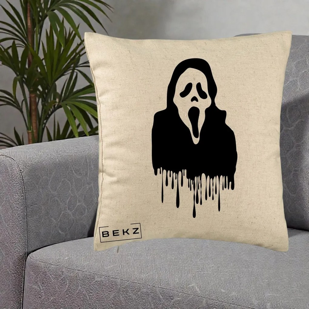 Perna Personalizata Halloween Ghostface Scream Picurand, 40x40 cm, Bej, Husa Detasabila, Perna Inclusa, BEKZ®