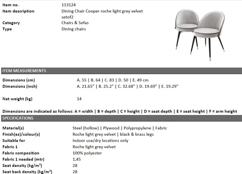 Set de 2 scaune elegante design LUX Cooper, catifea gri deschis 113124 HZ