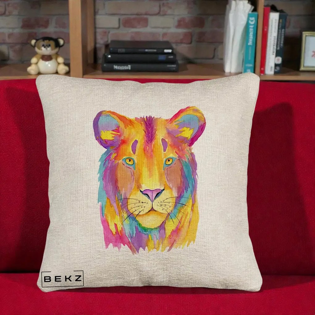 Perna Decorativa Leu Acuarela Curcubeu, 40x40 cm, Bej Canapea, Husa Detasabila, Perna Inclusa, BEKZ®