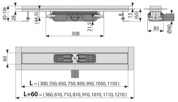 Rigolă de duș, Alcadrain, Professional low, fără grătar, 65 cm