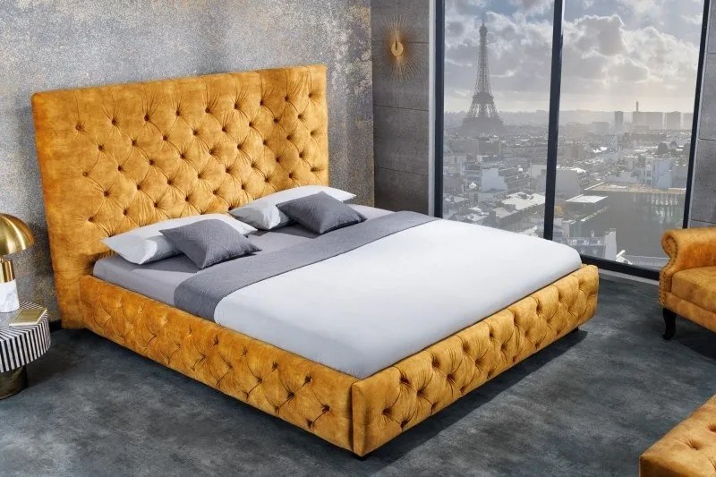 Pat dublu tapitat design modern Paris 180x200cm, galben mustar