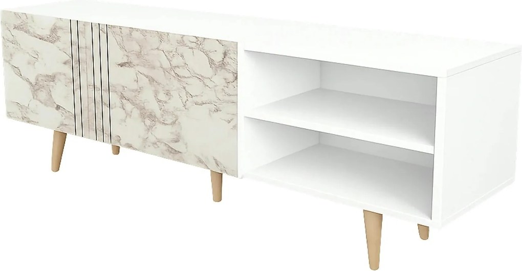 Comoda TV RONAS, alb cu efect de marmura, PAL melaminat, 160x35x39 cm