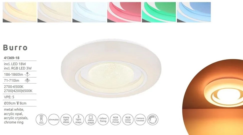 Plafoniera LED RGB cu telecomanda design modern Burro alb 39cm