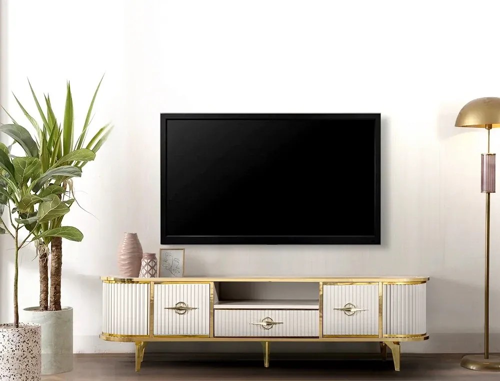 RESIGILAT- Comoda TV cu riflaje, Alb/Auriu, 180x40x50cm