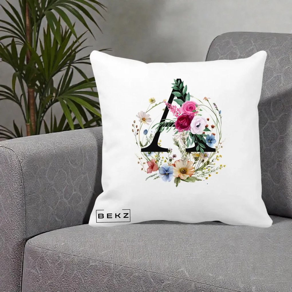Cadou Personalizat - Perna Personalizata Monogram Litera A cu Flori Acuarela, 40x40 cm, Alba Mata, Husa Detasabila, Perna Inclusa, BEKZ®