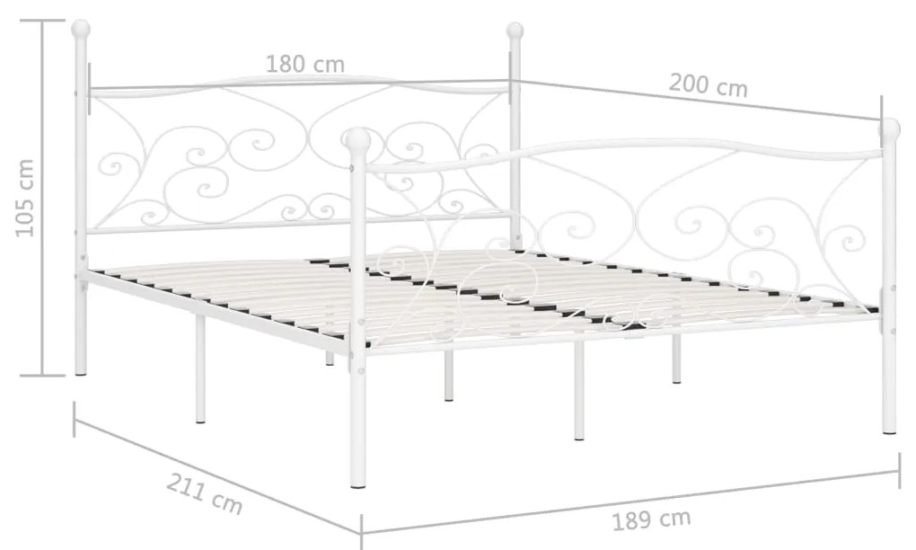 Cadru de pat cu baza din sipci, alb, 180 x 200 cm, metal Alb, 180 x 200 cm