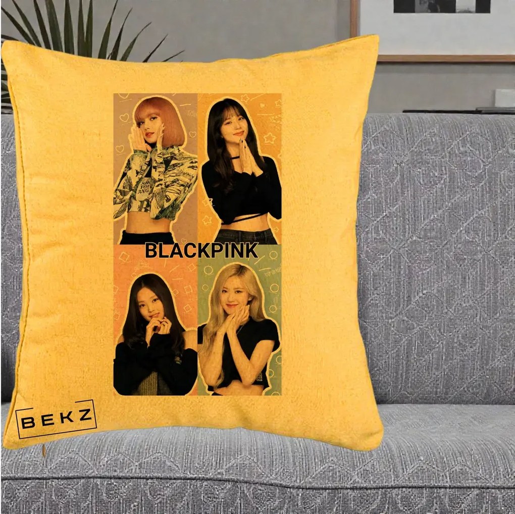 Perna Personalizata K-pop BLACKPINK Negru, 40x40 cm, Galben, Husa Detasabila, Perna Inclusa, BEKZ®