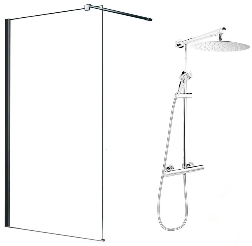 Pachet paravan dus Walk-In Fluminia Black crom 100x200 cm si coloana de dus FDesign Anima crom