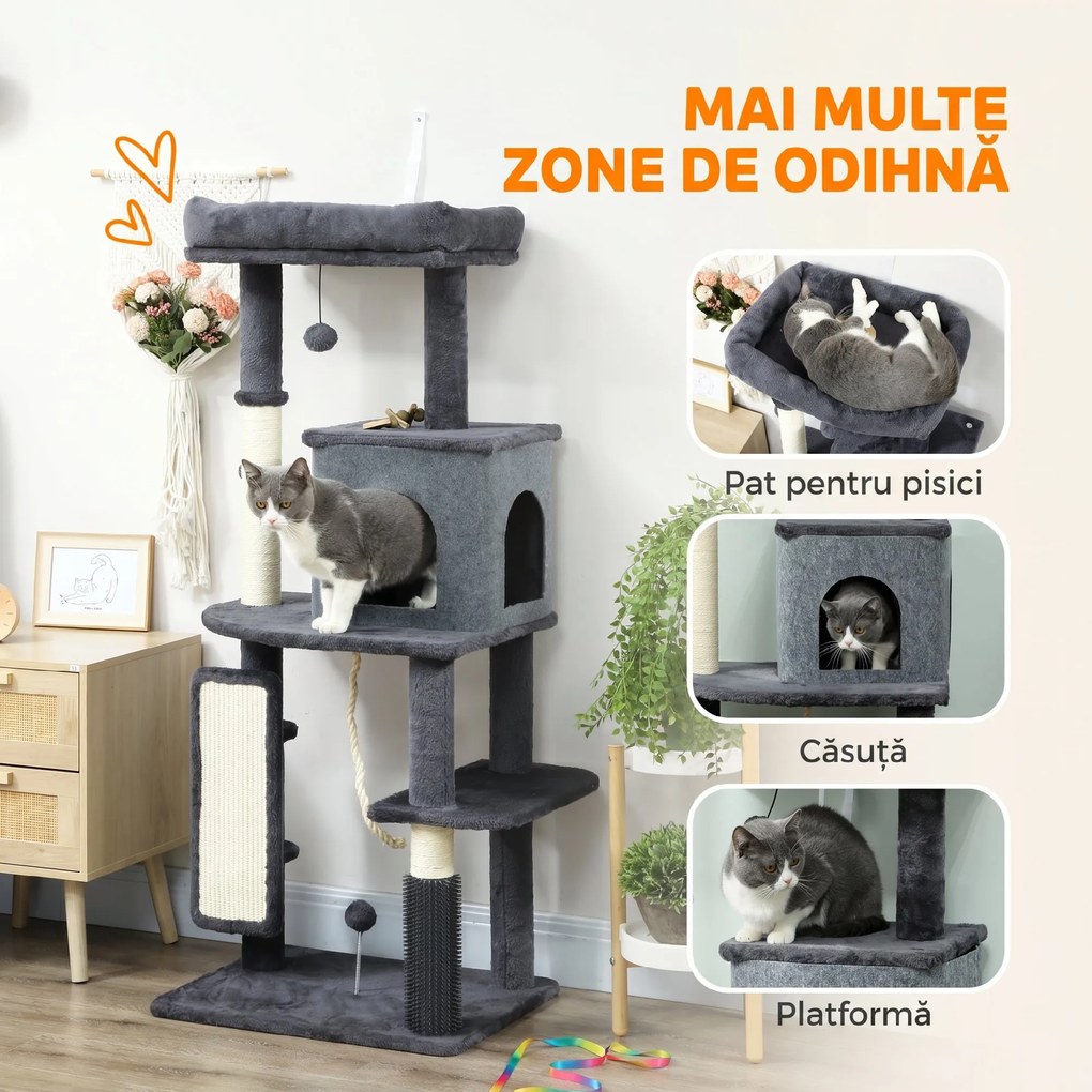 PawHut Ansamblu Multinivel pentru Pisici, 132 cm, cu Căsuță, Culcuș, Stâlpi de Zgâriat, Perie și Minge, Gri Închis | Aosom Romania