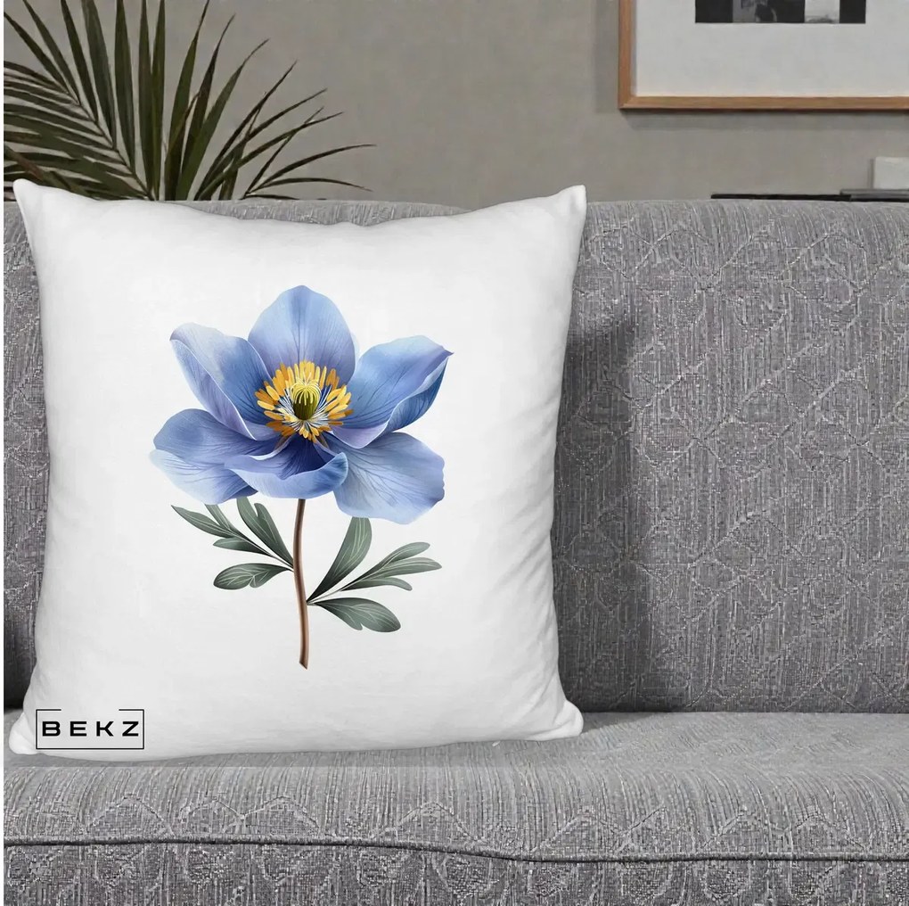 Perna Decorativa Anemona Albastra Botanica, 40x40 cm, Alb Pufos, Husa Detasabila, Perna Inclusa, BEKZ®