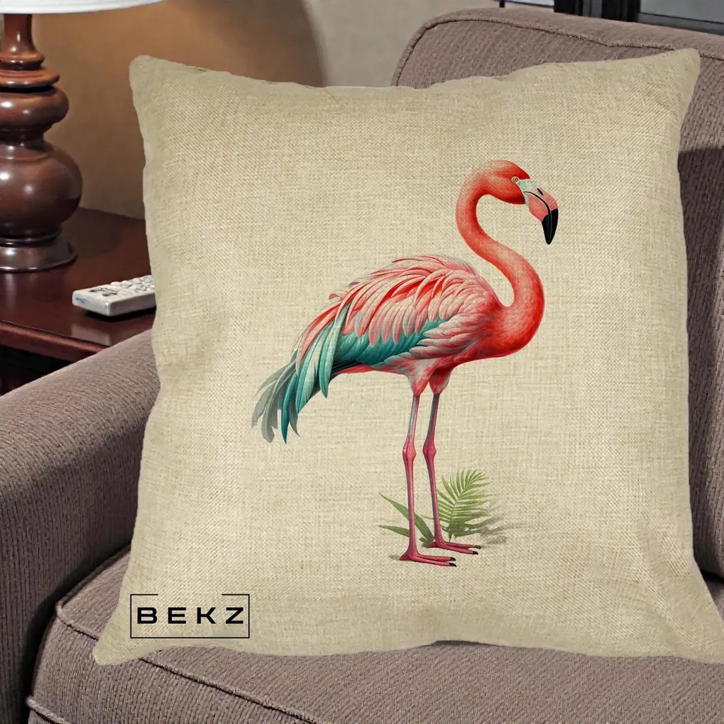 Perna Decorativa Flamingo Roz cu Pene Teal, 40x40 cm, Crem, Husa Detasabila, Perna Inclusa, BEKZ®