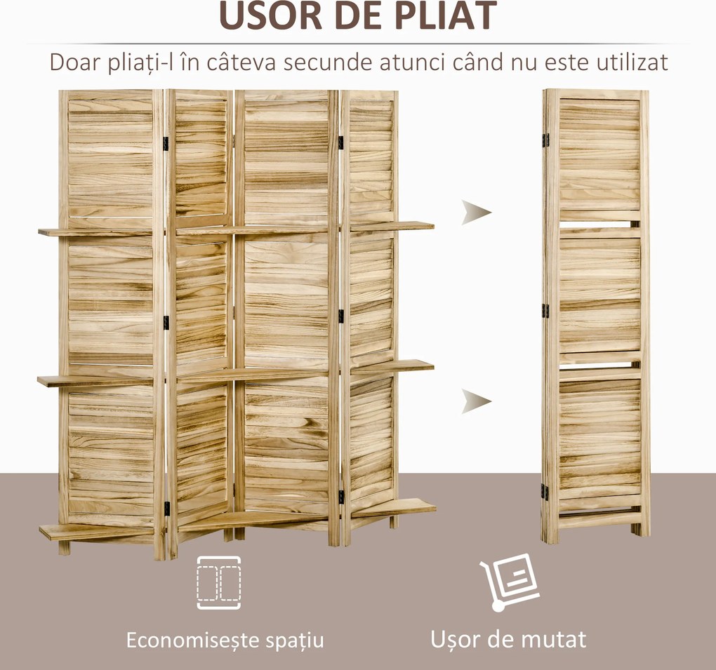 HOMCOM Paravan separator interior pliabil cu 4 panouri și rafturi din lemn de paulownia, 162x170 cm, Lemn | Aosom Romania
