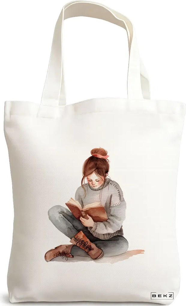 Sacosa de Panza pentru Cumparaturi, Geanta Tote, model The bookie girl 36 38 x 34.5 cm, Alba, BEKZ®