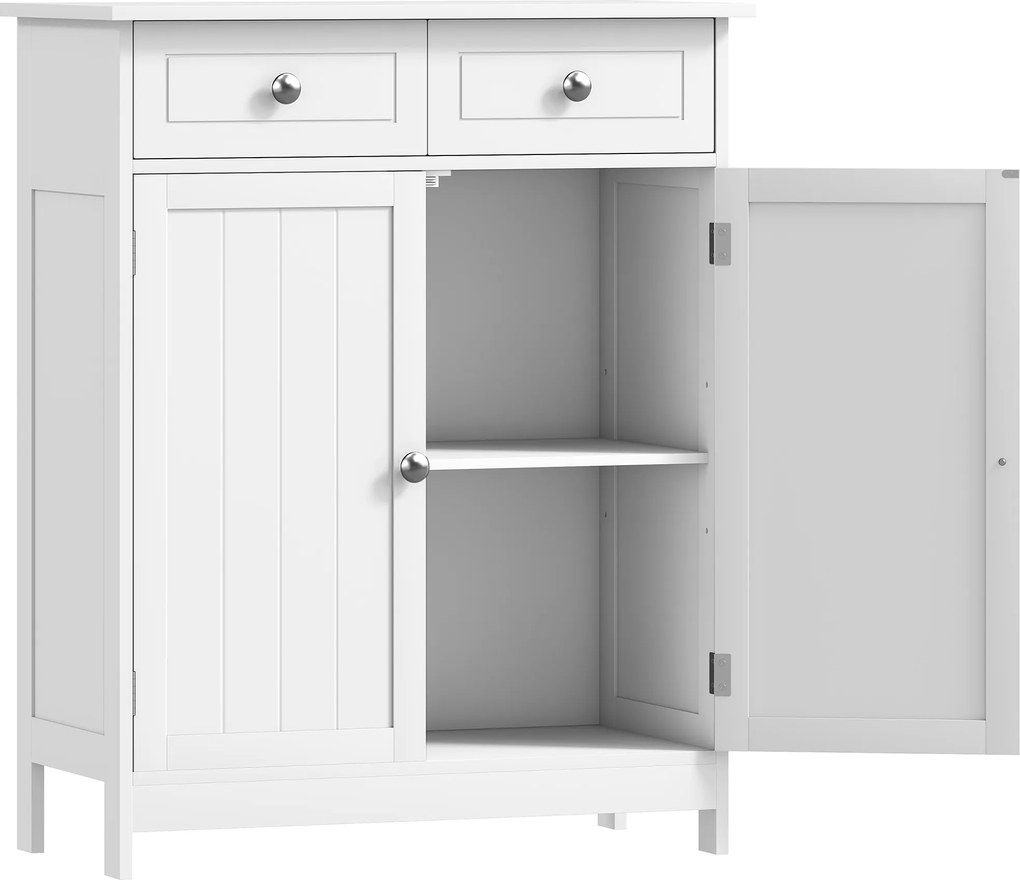 kleankin Dulap de Depozitare Organizator Independent pentru Baie de Podea cu 2 Usi, 2 Sertare si Raft Reglabil, Alb | Aosom Romania