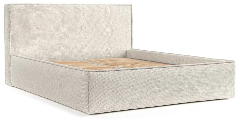 Pat matrimonial crem tapițat cu spațiu de depozitare cu somieră 160x200 cm Lounge L – Maison de Rêve