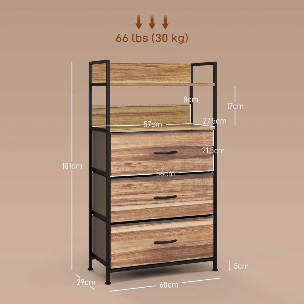 HOMCOM Corp de depozitare stil industrial comodă 3 sertare din țesătură detașabile și 2 rafturi - 60 x 29 x 101cm - MDF și metal | Aosom Romania