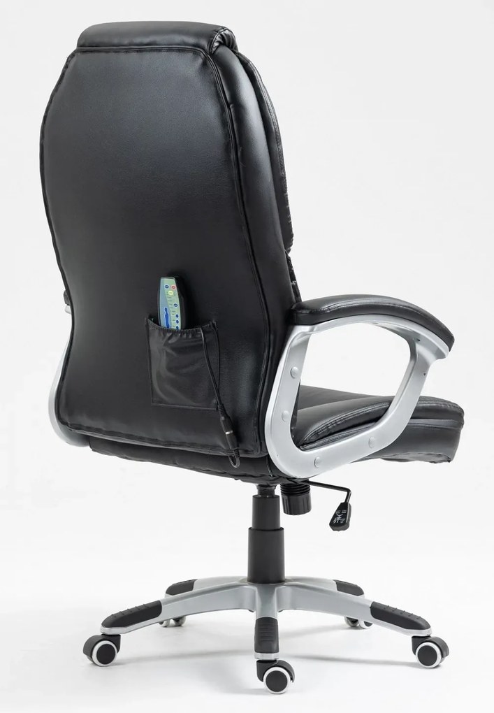 RESIGILAT- Scaun directorial cu Masaj si Incalzire, 8 puncte de masaj vibrator, telecomanda, piele ecologica, Negru