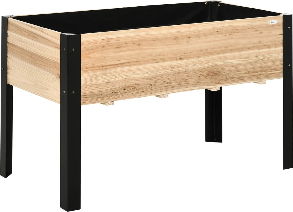 Outsunny Pat înalt de grădină, cutie pentru flori, ghiveci, pat pentru plante aromatice cu material nețesut, lemn masiv, oțel, Lemn natural+Negru 120 x 60 x 74 cm | Aosom Romania