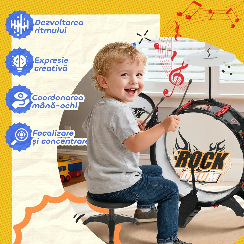 AIYAPLAY Set Tobă de Jucărie pentru Copii cu Scaun, Joc Muzical pentru Copii 3-6 Ani, Negru | Aosom Romania