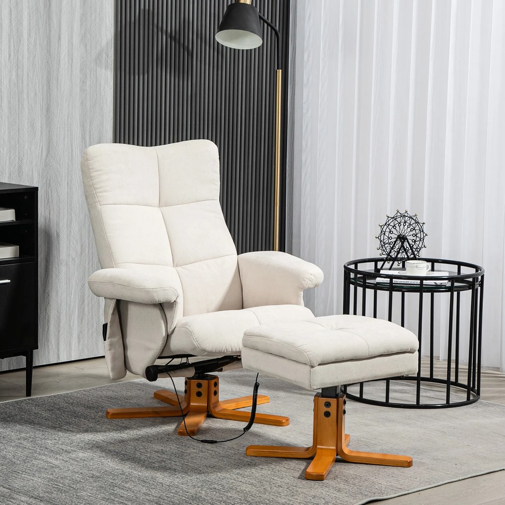 HOMCOM Fotoliu de masaj cu funcție de culcare și taburet, 145° de înclinare, Poliester, 80 x 86 x 99 cm, Crem | Aosom Romania