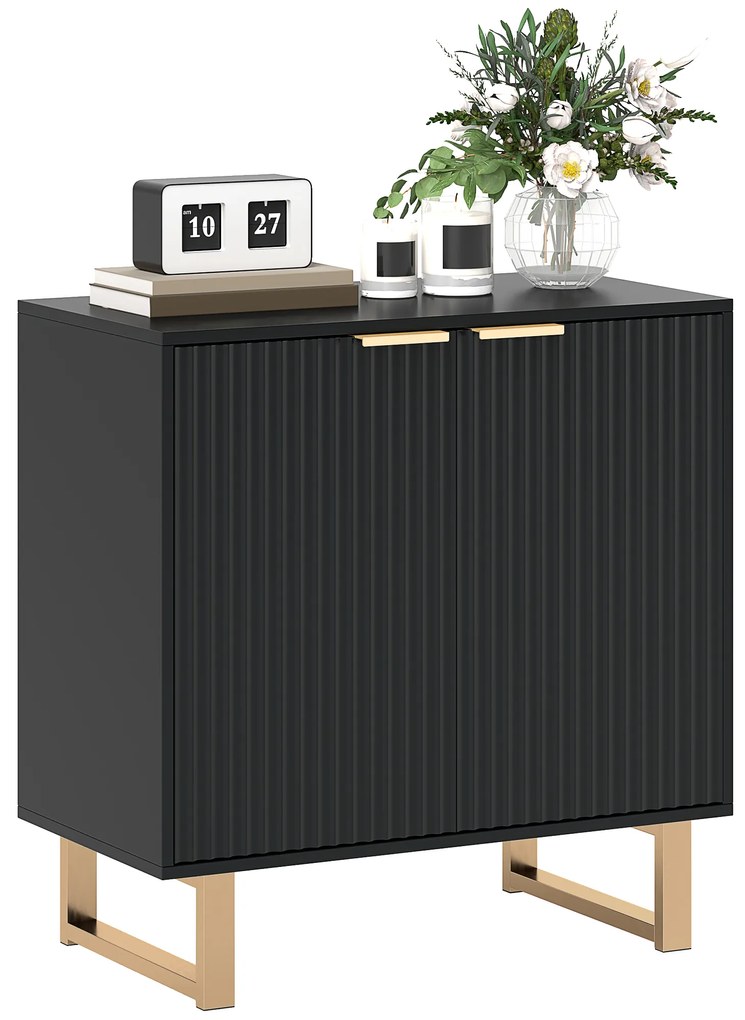 HOMCOM Bufet salon mobilier de depozitare stil modern cu dulap cu 2 uși canelate, raft ajustabil, picioare metalice, negru | Aosom Romania