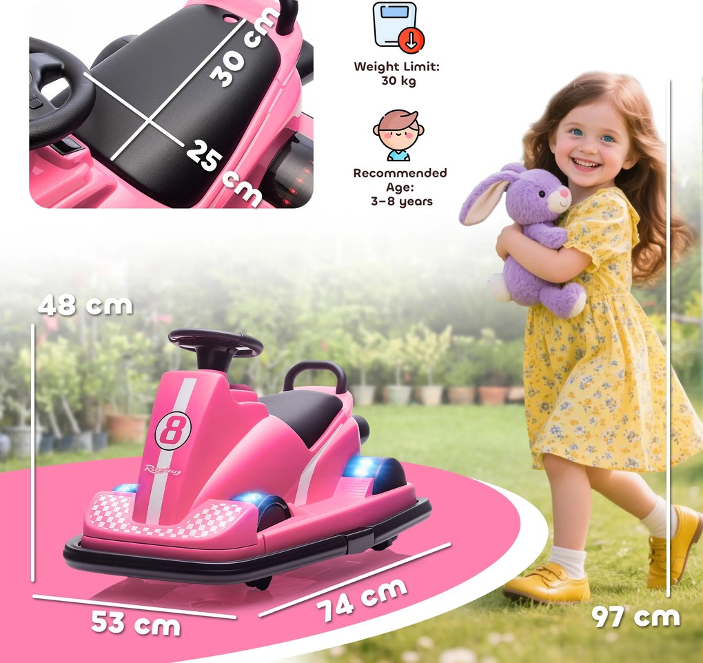 AIYAPLAY Autoscooter pentru copii, rotire 360°, volan, lumini LED, funcție muzică, 3-8 ani, Roz | Aosom Romania
