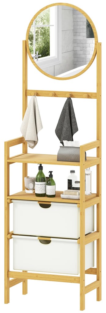 HOMCOM Raft de baie din bambus cu oglindă cu 4 cârlige 2 rafturi deschise și 2 sertare din material textil 48,5x30x170 cm Natural | Aosom Romania