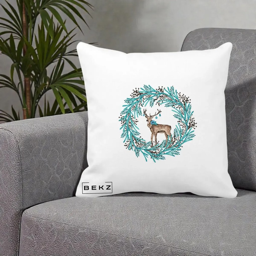 Perna Decorativa Coroana Turcoaz cu Ren, 40x40 cm, Alba Mata, Husa Detasabila, Perna Inclusa, BEKZ®