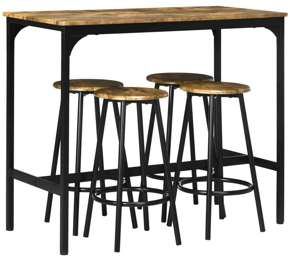 HOMCOM Scaune bar si Masa Bar, 5 piese, cu 4 Scaune Rotunde, Economie de Spațiu, Design Rustic Maro, pentru Bucătărie | Aosom Romania