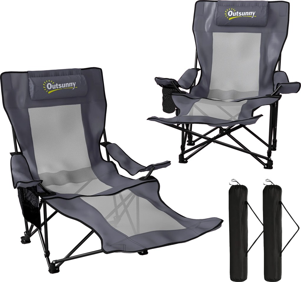 Outsunny Set de 2 scaune camping pliabile, scaun pescuit cu spătar reglabil, suport picioare, suport băuturi, pernă cap, Gri închis | Aosom Romania