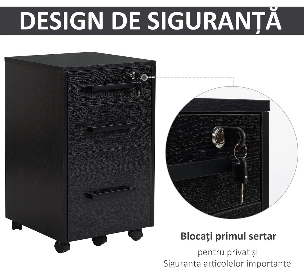 HOMCOM Comodă pentru Birou cu 3 Sertare și 5 Roți, Suport Documente, 39,2x40x65,4 cm, Negru | Aosom Romania
