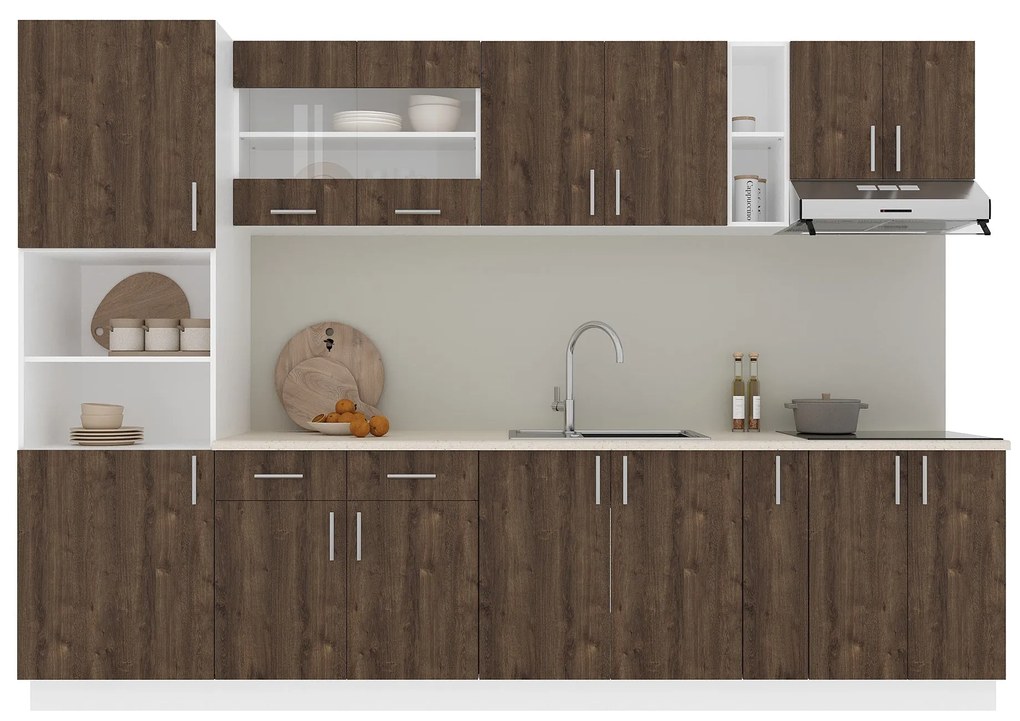 Set Bucatarie Karo V26, Stejar Bronz/Alb, Blat Thermo 28 mm, L 300 cm