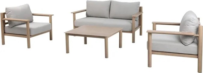 Set lounge exterior premium din aluminiu cu finisaj lemn, canapea, 2 fotolii și măsuță cu perne din olefină, „Cortina”