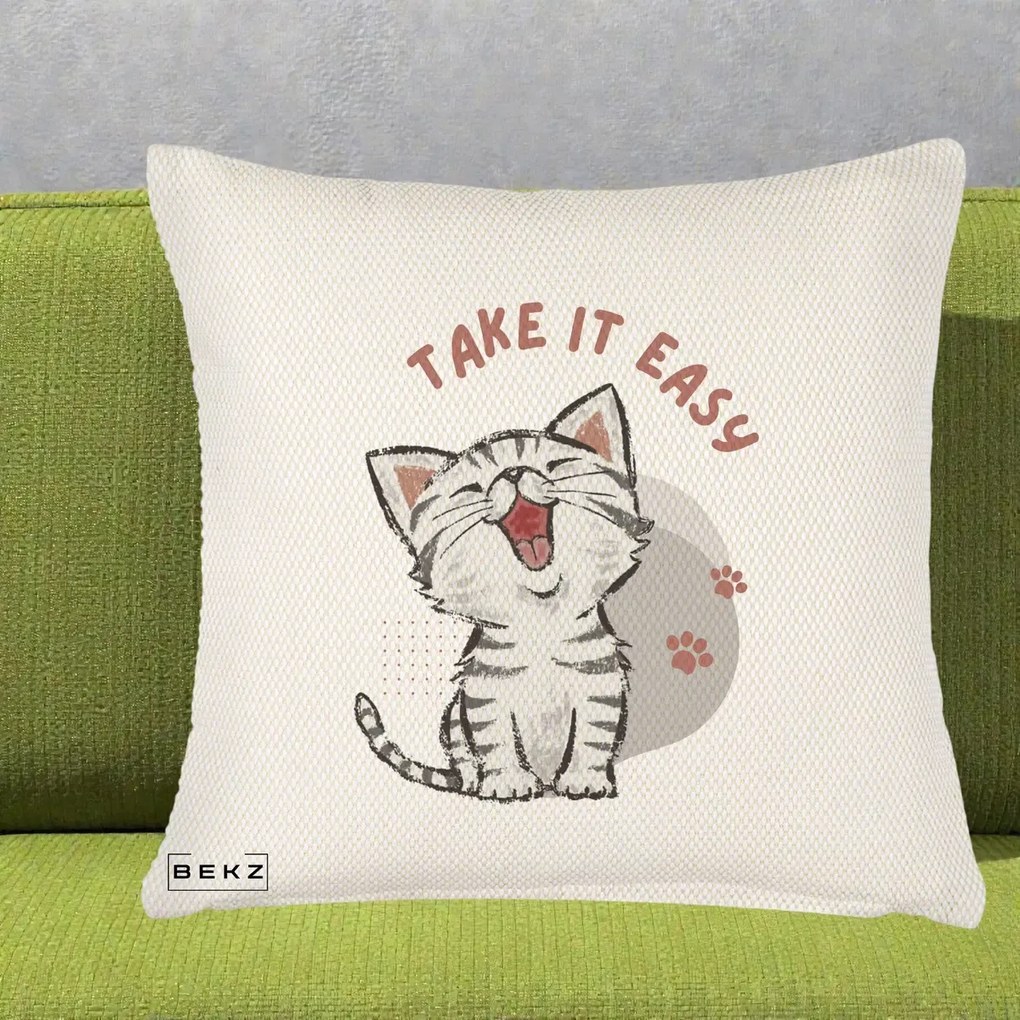 Perna Personalizata Take It Easy Cat, 40x40 cm, Crem Reliefat, Husa Detasabila, Perna Inclusa, BEKZ®