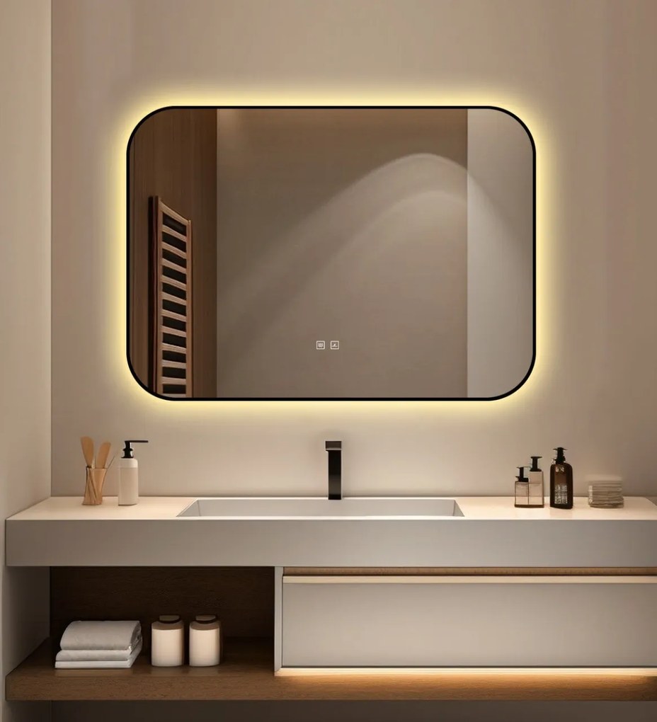 🪞 Oglindă LED cu Touch și Funcție Dezaburire – Ramă Negru, 90x65 cm, Model J187-9065 Smack