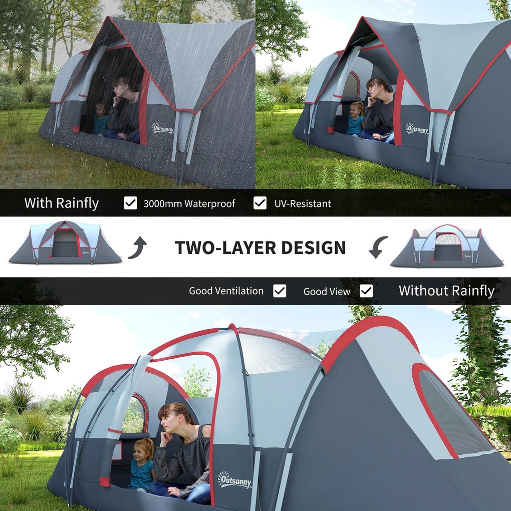Outsunny Cort pentru Camping pentru 5-6 Persoane, Rezistent la Apa 3000mm si Protectie UV, Stalpi din fibra de sticla, 4.55x2.3x1.8m, Gri | Aosom Romania