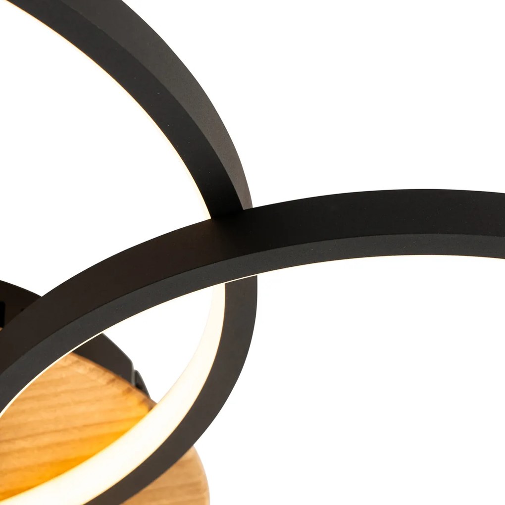 Plafoniera neagră cu lemn incluzând LED cu dimmer în 3 trepte, 3 lumini - Alec