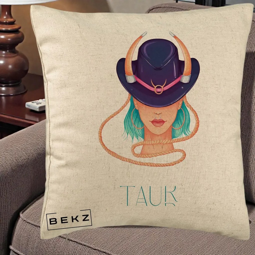 Perna Personalizata Zodie Taur, 40x40 cm, Bej, Husa Detasabila, Perna Inclusa, BEKZ®