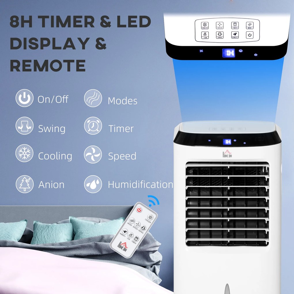 HOMCOM Răcitor de Aer Portabil 4-în-1 de 10L cu Umidificator, Sistem de Răcire, Timer 8 Ore, Telecomandă, pentru Încăperi de până la 20㎡, 60W, ABS, Alb și Negru, 38,2 x 31,6 x 76 cm | Aosom Romania