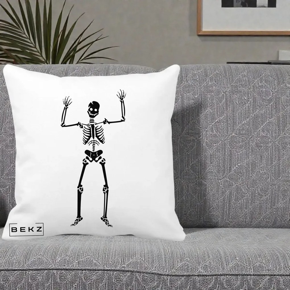 Perna Decorativa Halloween Schelet Dansator, 40x40 cm, Alba Mata, Husa Detasabila, Perna Inclusa, BEKZ®