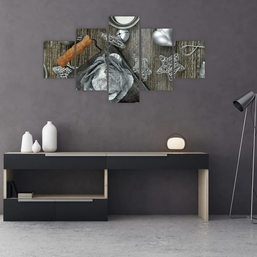 Tablou - decorațiuni argintii de Crăciun (125x70 cm), în 40 de alte dimensiuni noi
