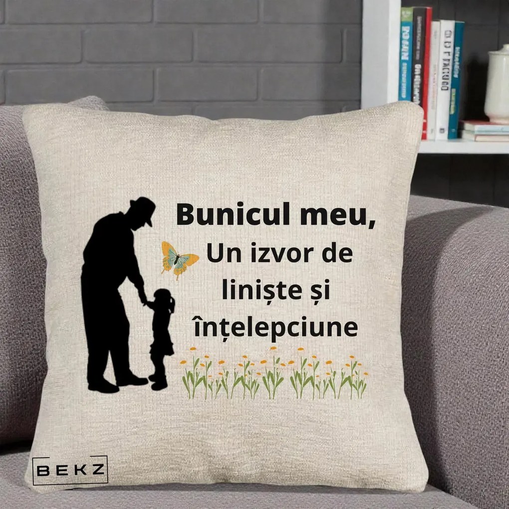 Cadou pentru Bunic - Perna Personalizata Bunicul Meu Izvor de Liniste cu Fluture si Fetita, 40x40 cm, Bej Canapea, Husa Detasabila, Perna Inclusa, BEKZ®