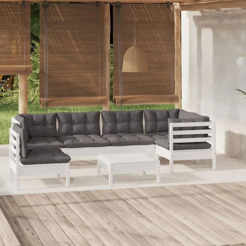 3096425 vidaXL Set mobilier de grădină cu perne, 7 piese, alb, lemn de pin
